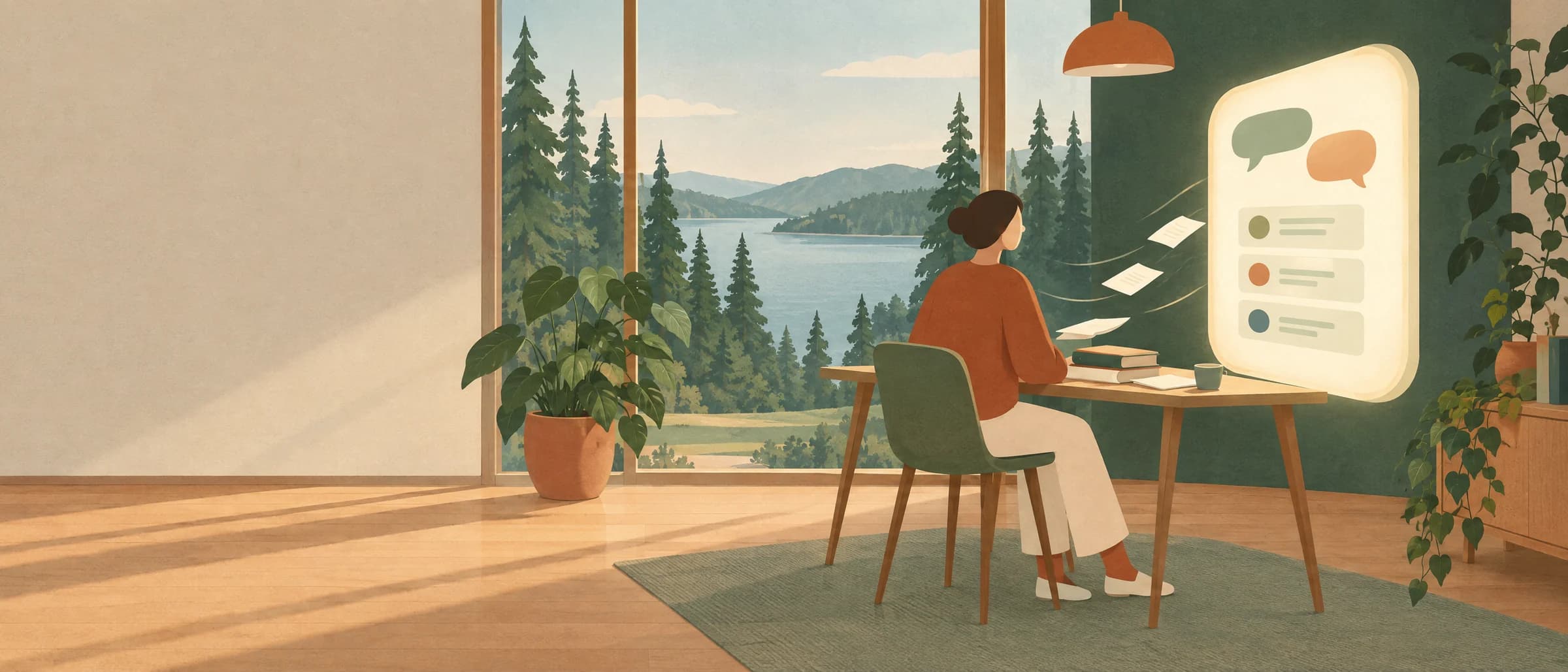 Illustration av en person vid ett skrivbord som samtalar med en digital assistent