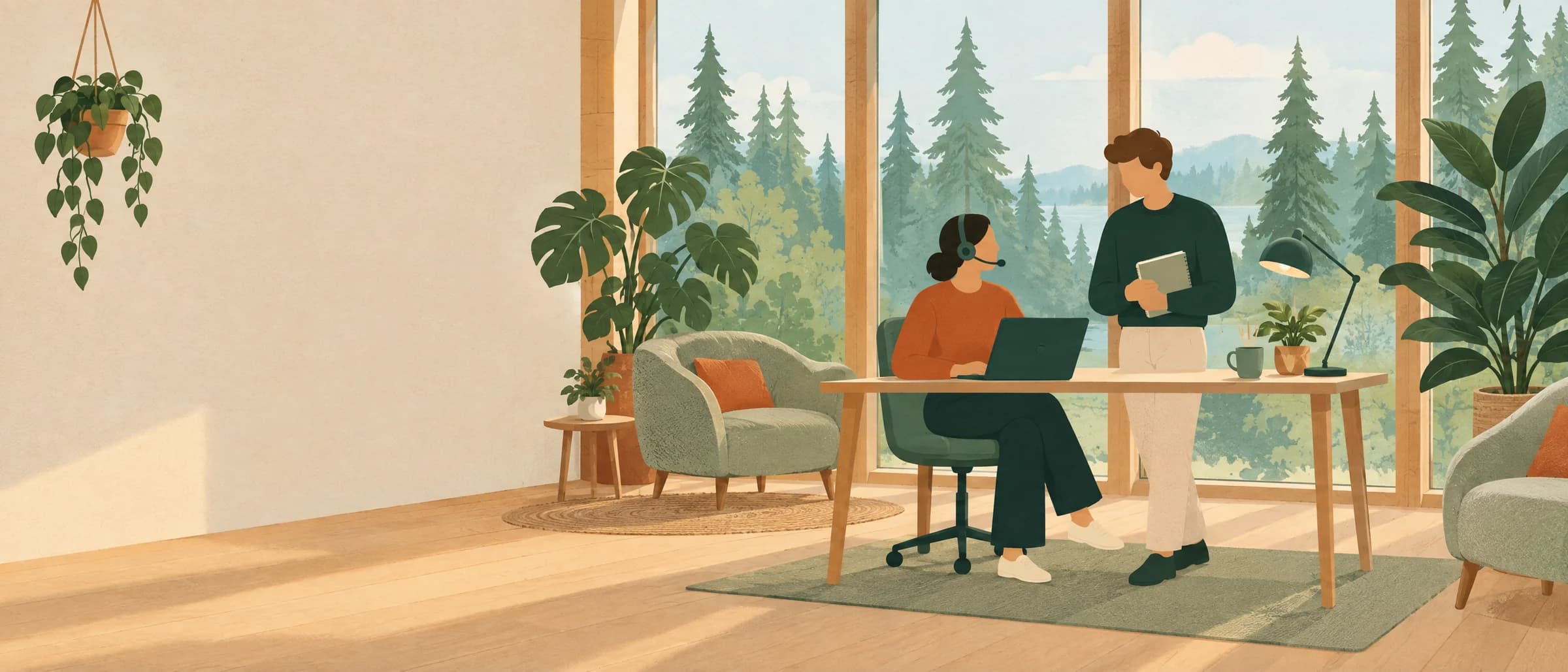 Illustration av två medarbetare som svarar på frågor vid ett skrivbord