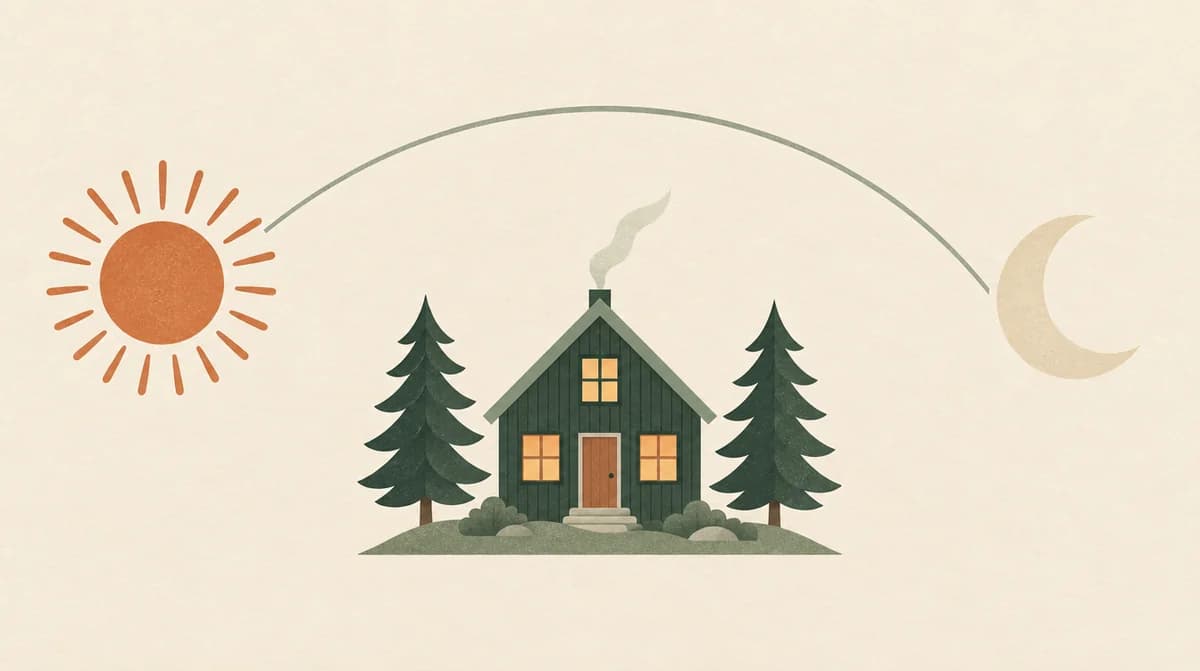 Illustration av en sol och en måne över ett upplyst hus