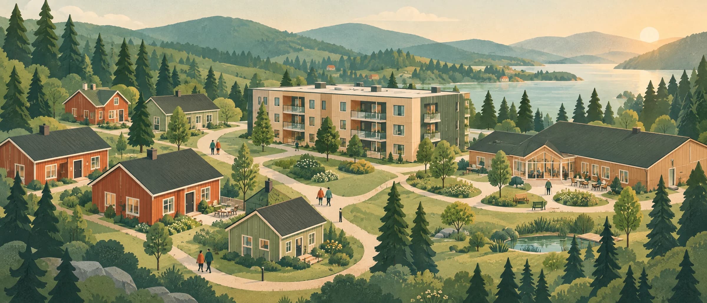Illustration av ett nordiskt bostadsområde med olika boendeformer
