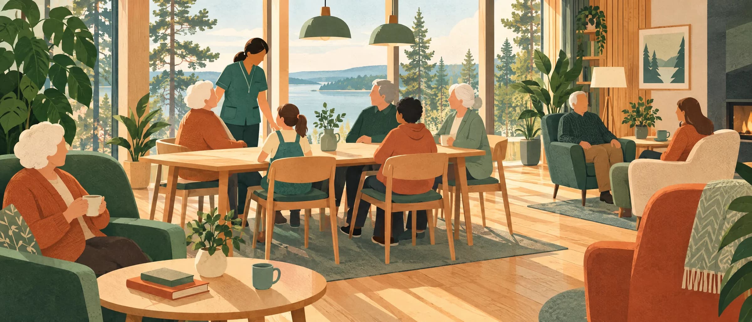 Illustration av ett gemensamhetsrum med boende och personal