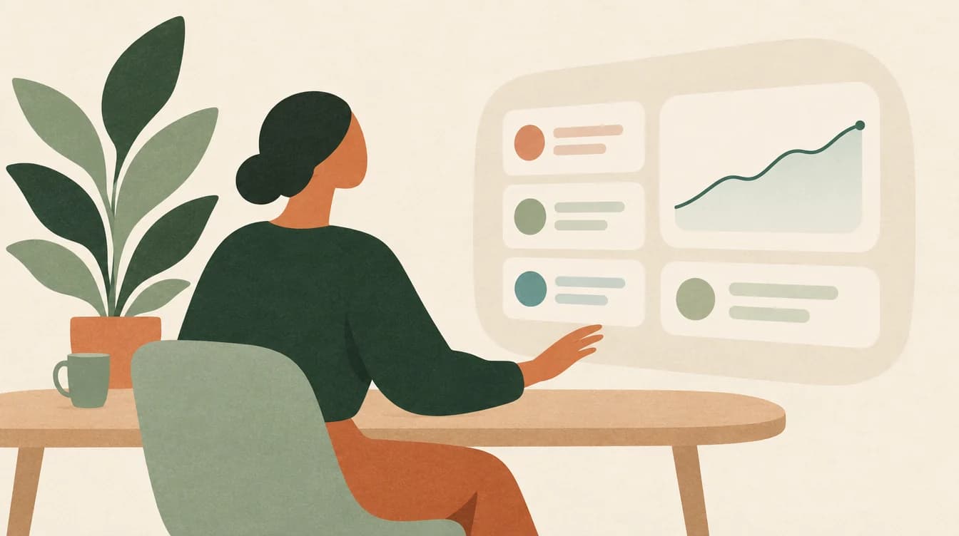 Illustration av en person vid ett skrivbord bredvid en digital panel