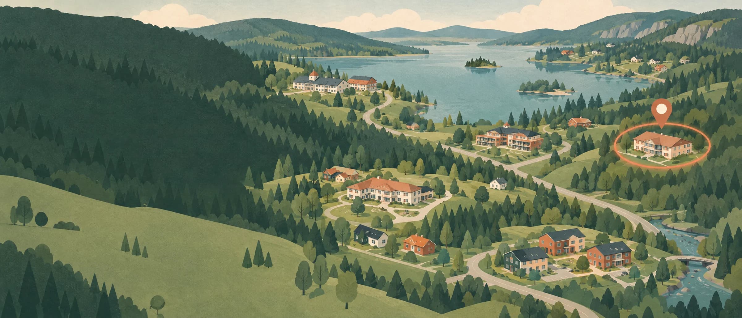 Illustration av en karta över ett område med markerade verksamheter