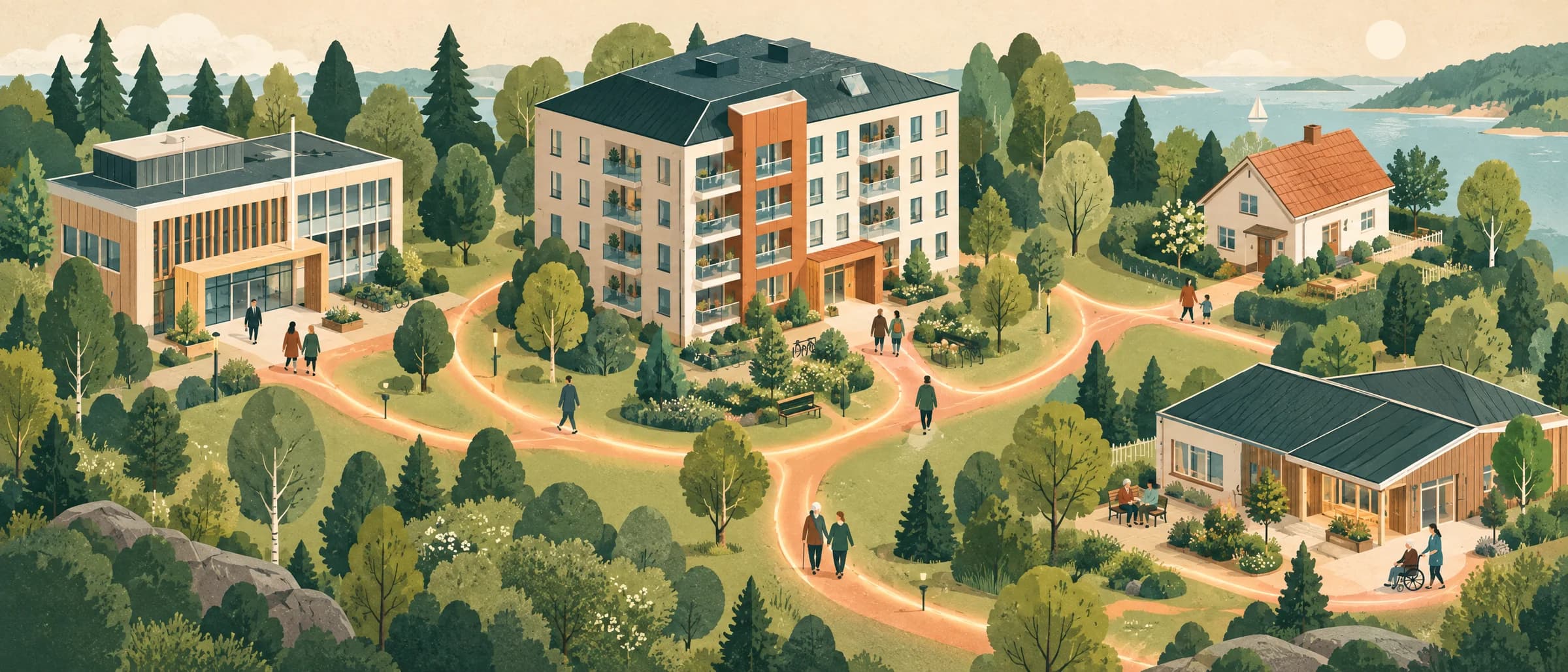 Illustration av boenden, kontor och hem sammanlänkade av gångvägar
