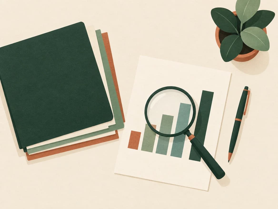 Illustration av upphandlingsdokument, diagram och förstoringsglas