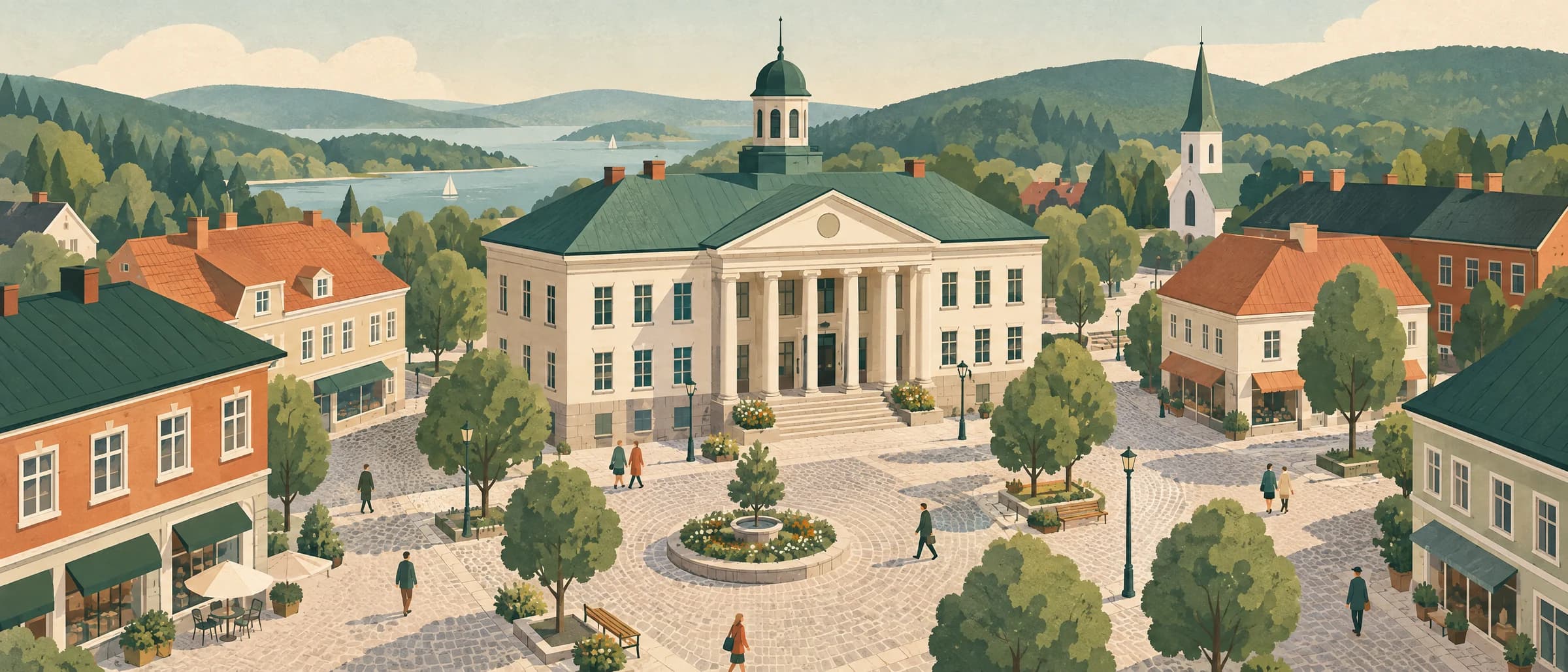 Illustration av ett nordiskt torg med kommunhus
