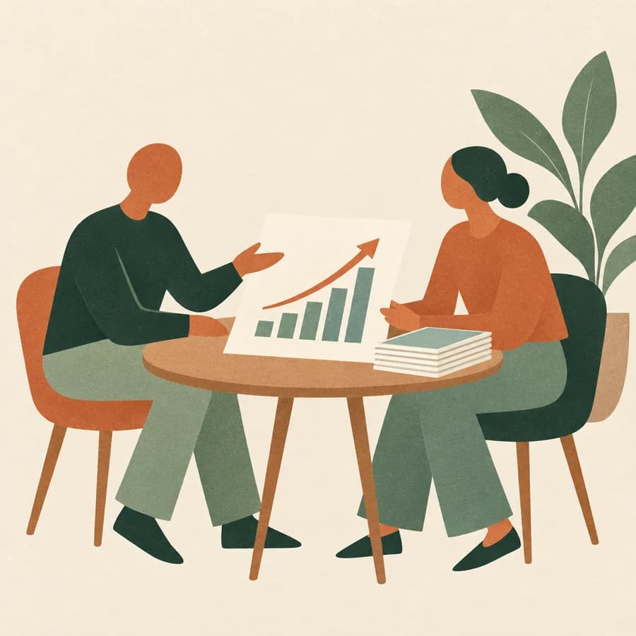 Illustration av två personer som samarbetar kring ett stigande diagram
